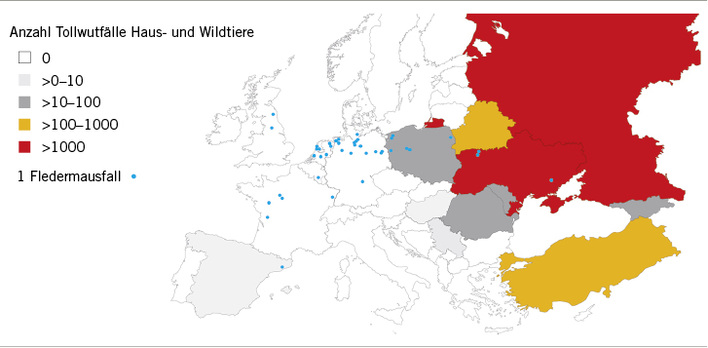 
 Abb. 1: 
 Bestätigte Tollwutfälle bei Fledermäusen sowie Haus- und Wildtieren in Europa 2016 (WHO 2017). Karte bereitgestellt von PresentationLoad GmbH
