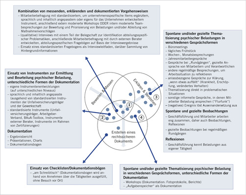 
 Abb. 1: 
 In den methodischen Vorgehensweisen zum Ermitteln und Beurteilen psychischer Belastung in KMU (n=17) realisierte methodische Orientierungen



